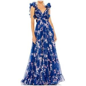 Mac Duggal Floral Chiffon Gown Sleeveless Strappy Back Detail Tiered Ruffled 0